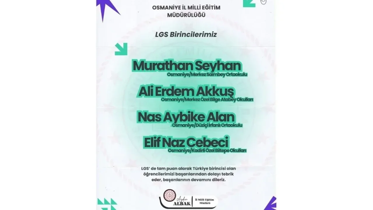 LGS 2025’te Osmaniye’den 4 Türkiye Birincisi Çıktı