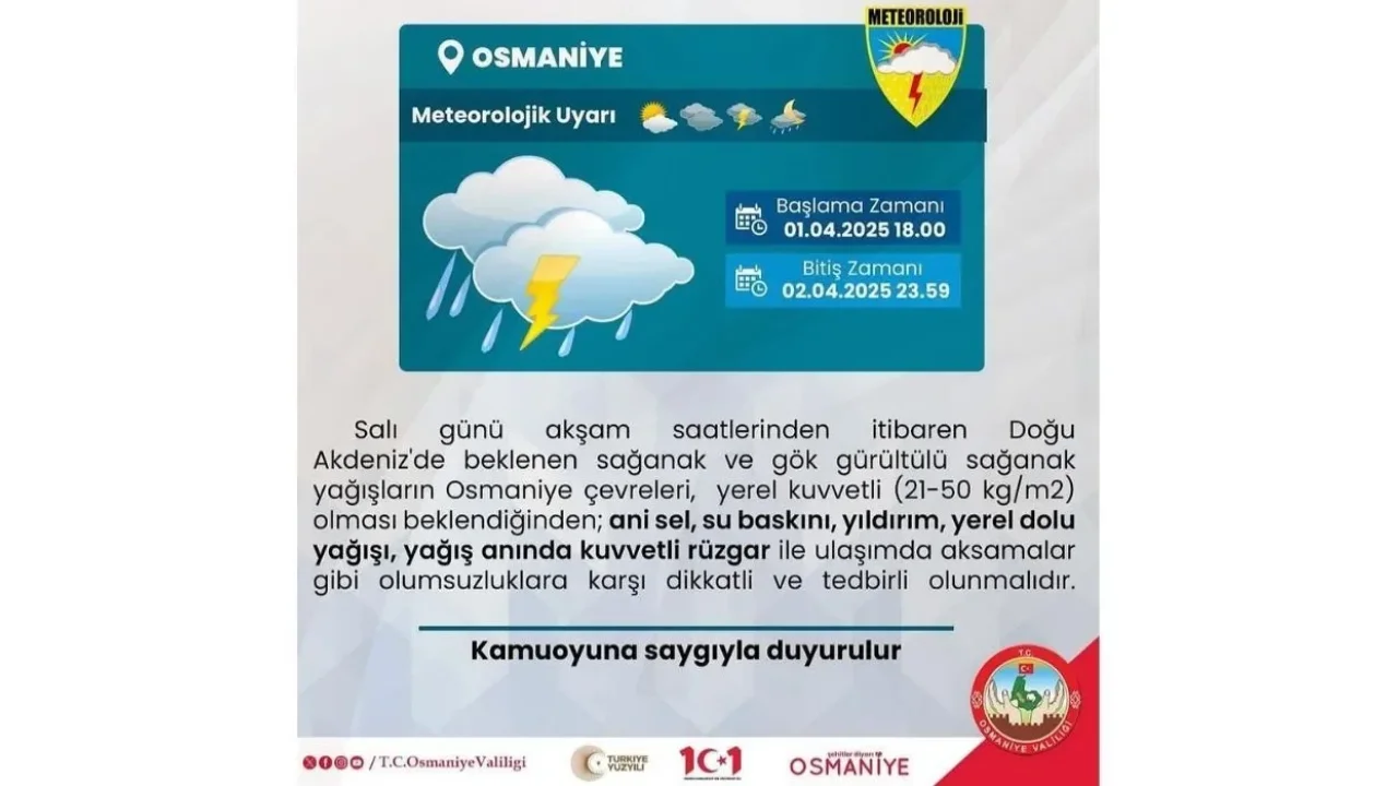 Osmaniye’de Kuvvetli Yağış ve Fırtına Bekleniyor