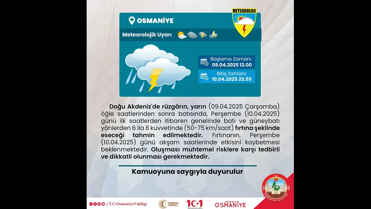 Osmaniye Valiliği, Fırtına İçin Tedbir Uyarısı Yaptı