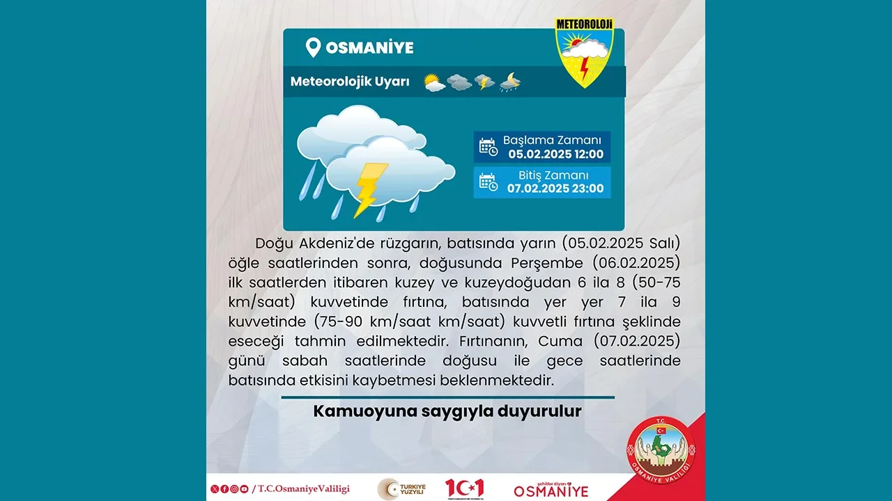 Osmaniye Valiliği'nden Fırtına Uyarısı: Tedbirli Olun!