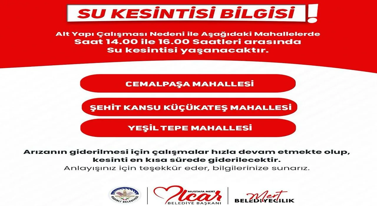 Kadirli’de 3 Mahallede Su Kesintisi Uyarısı Kadirli’de 3 Mahallede Su Kesintisi Uyarısı
